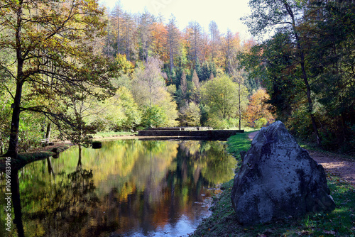 Herststimmung an einem Weiher im Wald mit bunten Bäumen in Herbstfarben, die sich im Wasser reflektieren. Das Bild zeigt den Weiher am Züscher Hammer bei Neuhütten im Landkreis Trier-Saarburg. photo