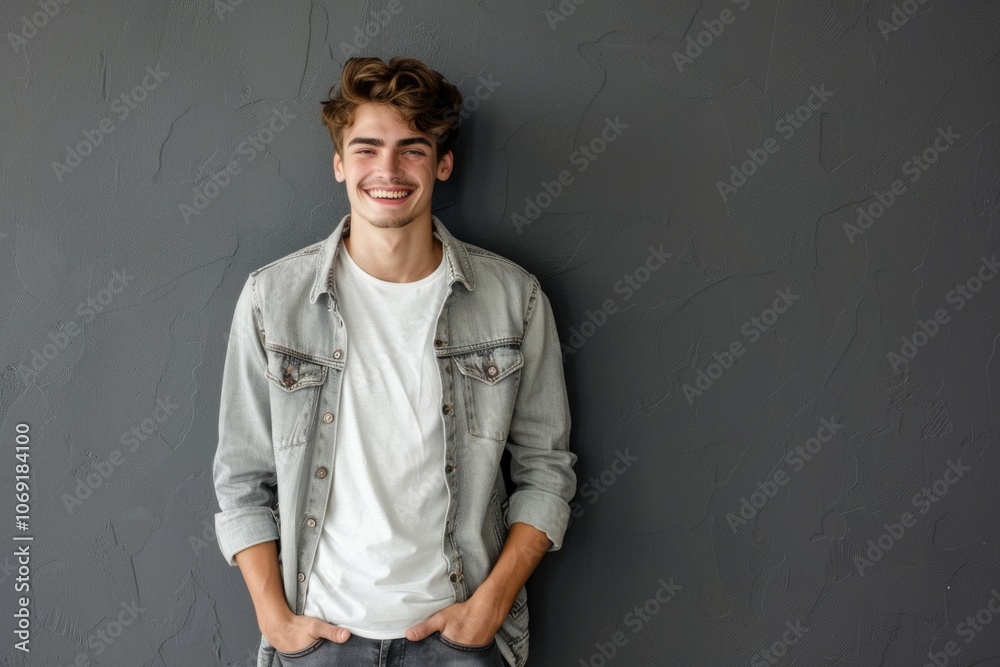 Obraz premium Portrait of handsome young man smiling against grey background.
