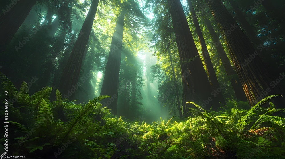 An ancient forest with towering redwoods, mist, and a lush understory. An ancient forest with towering redwoods, mist, and a lush understory.