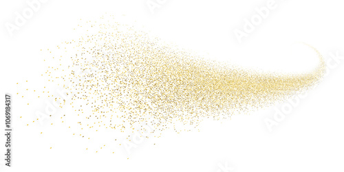 Splash of golden glitter, glittery stardust explosion, shimmering spray effect, festive holiday particles. Vector illustration.	