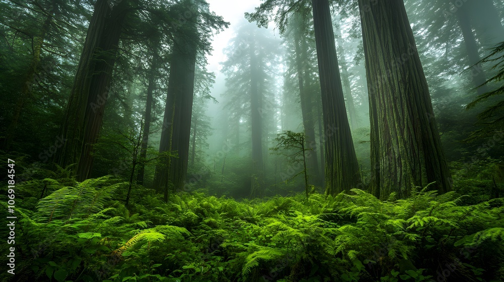 An ancient forest with towering redwoods, mist, and a lush understory. An ancient forest with towering redwoods, mist, and a lush understory.