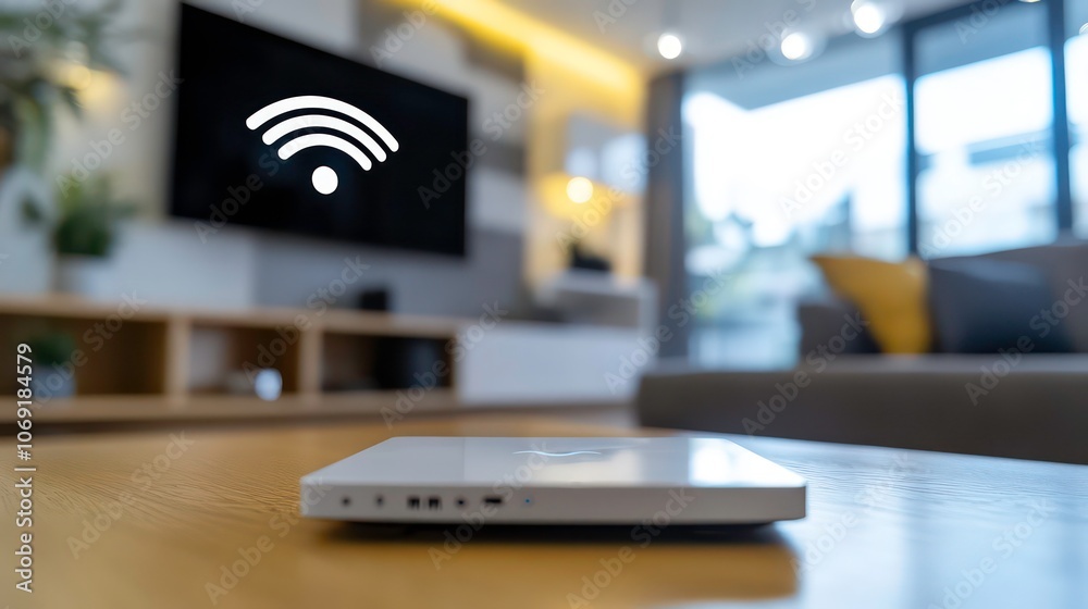 A modern living room with a Wi-Fi symbol displayed on a TV, featuring a router on a table. A modern living room with a Wi-Fi symbol displayed on a TV, featuring a router on a table.
