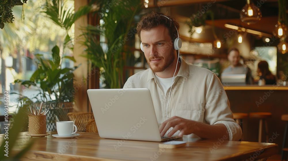 Virtual meeting from a coffee shop: A man in a casual shirt attending an online meeting, wearing earphones and working on his laptop in a trendy café. This image showcases the flex Virtual meeting from a coffee shop: A man in a casual shirt attending an online meeting, wearing earphones and working on his laptop in a trendy café. This image showcases the flex