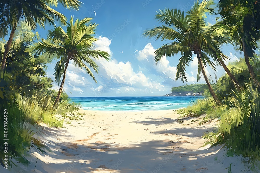 Tropical Island Escape Palm Trees and Sandy Beach Tropical Island Escape Palm Trees and Sandy Beach