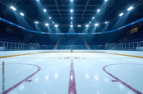 The ice hockey rink is pristine and empty, bathed in bright lights with a clear view of the stands, ready for a thrilling game to begin