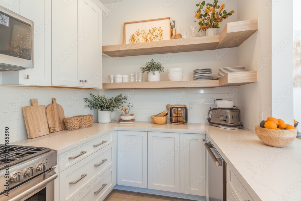 Modern Kitchen Corner with Open Shelving and White Cabinets Modern Kitchen Corner with Open Shelving and White Cabinets