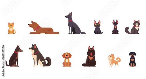 Set vector illustration cats and dogs in different poses. Isolated icons cartoon characters at different age pets.