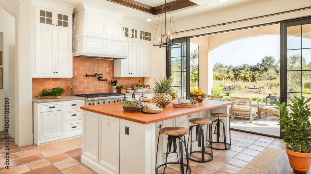 Modern Kitchen Island with Wooden Countertop and Rustic Stools Modern Kitchen Island with Wooden Countertop and Rustic Stools