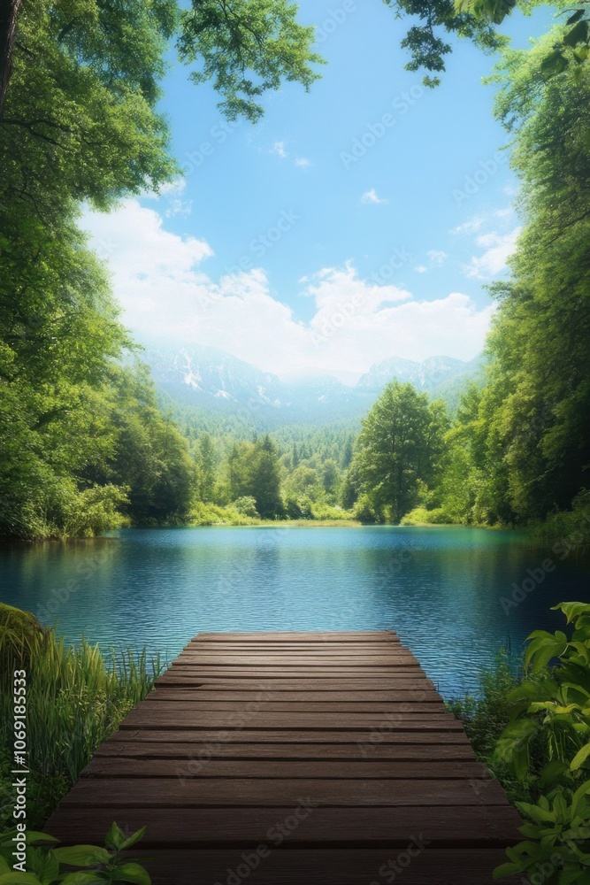 Serene lake surrounded by lush green forest and mountains Serene lake surrounded by lush green forest and mountains