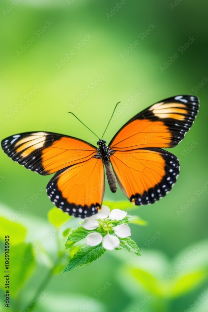 Vibrant orange butterfly perched on a white flower against a blurred green background Vibrant orange butterfly perched on a white flower against a blurred green background