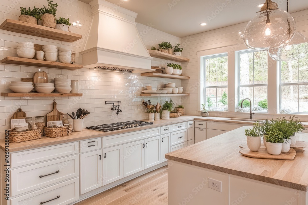 Modern Kitchen Interior with White Cabinets and Wooden Shelves Modern Kitchen Interior with White Cabinets and Wooden Shelves