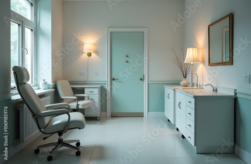 A clean and well-lit clinical room features contemporary furniture, including comfortable chairs and elegant light fixtures, creating a serene atmosphere