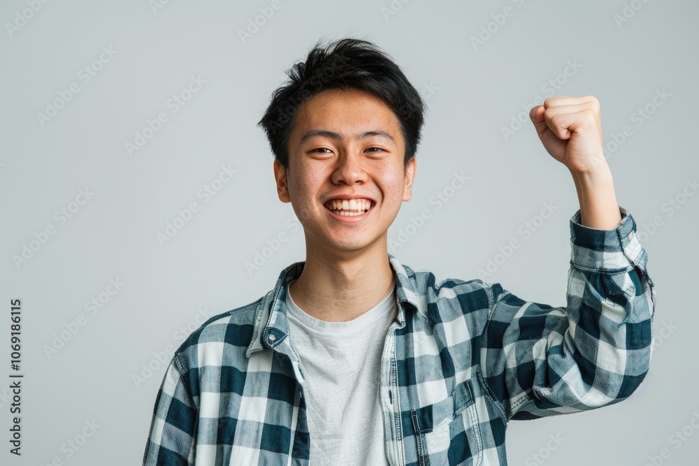 Happy Asian man in casual clothes celebrates with raised fist. Happy Asian man in casual clothes celebrates with raised fist.