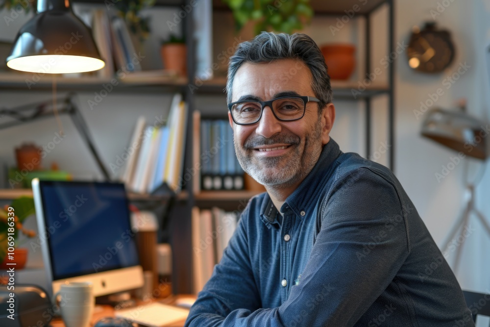 Portrait of a successful entrepreneur at cozy home office smiling at camera. Portrait of a successful entrepreneur at cozy home office smiling at camera.