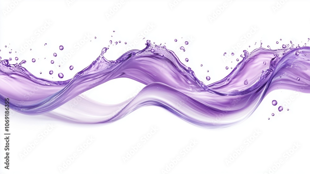 Flowing purple liquid splash with droplets on white background Flowing purple liquid splash with droplets on white background