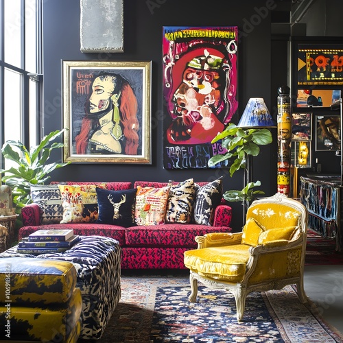 An eclectic living room featuring a blend of vintage and modern furniture, vibrant artwork, and bold patterns photo