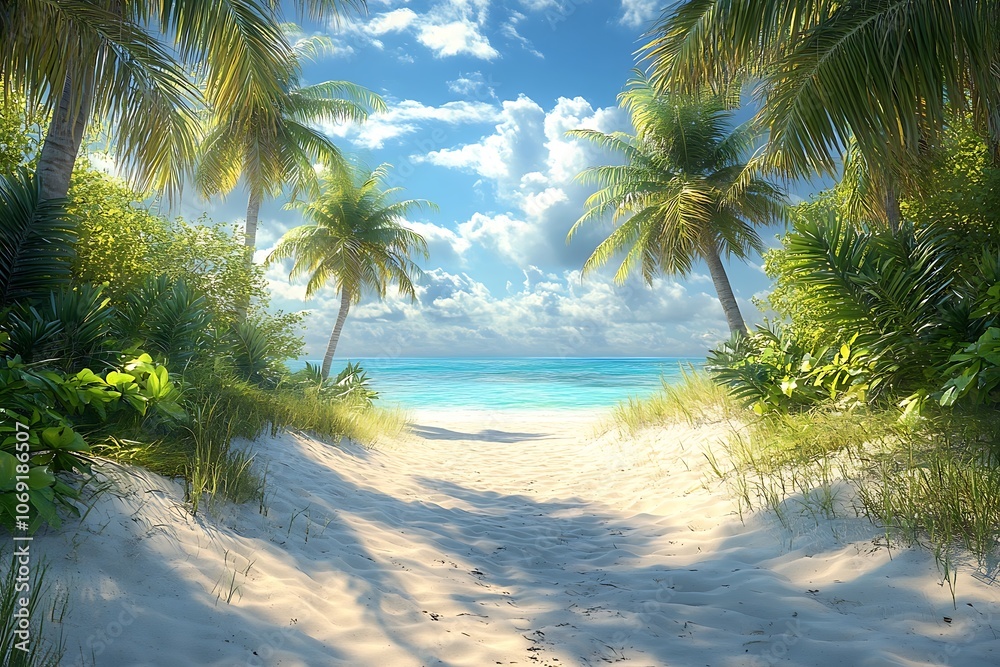 Obraz premium Turquoise Beach Escape Through Palm Trees