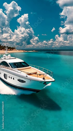 A white yacht cruises through turquoise water on a sunny day