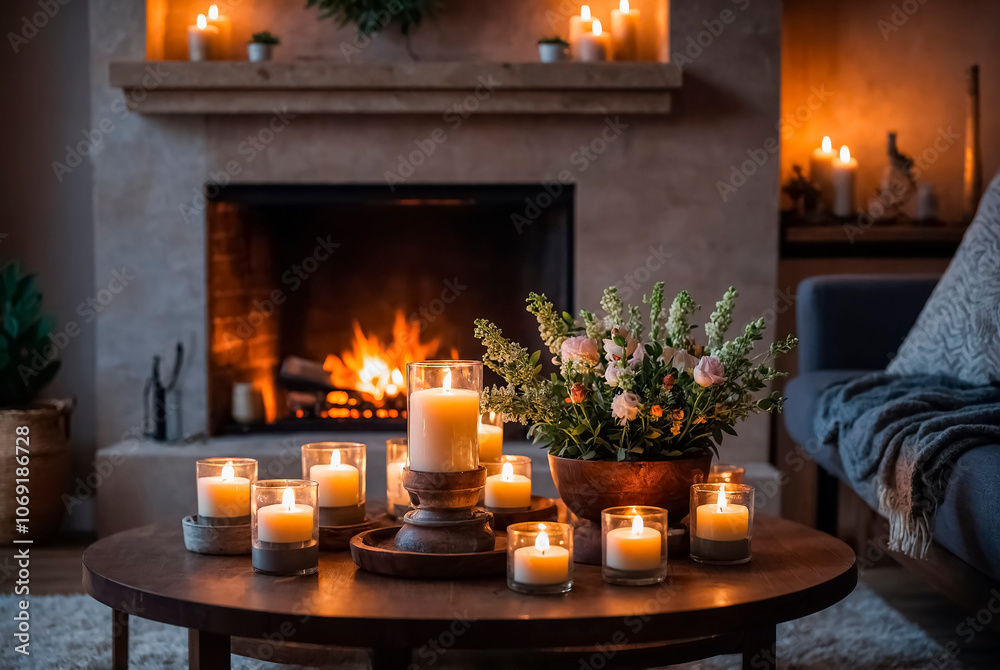 Burning candles and a bouquet of flowers on a round table against the background of a fireplace Burning candles and a bouquet of flowers on a round table against the background of a fireplace