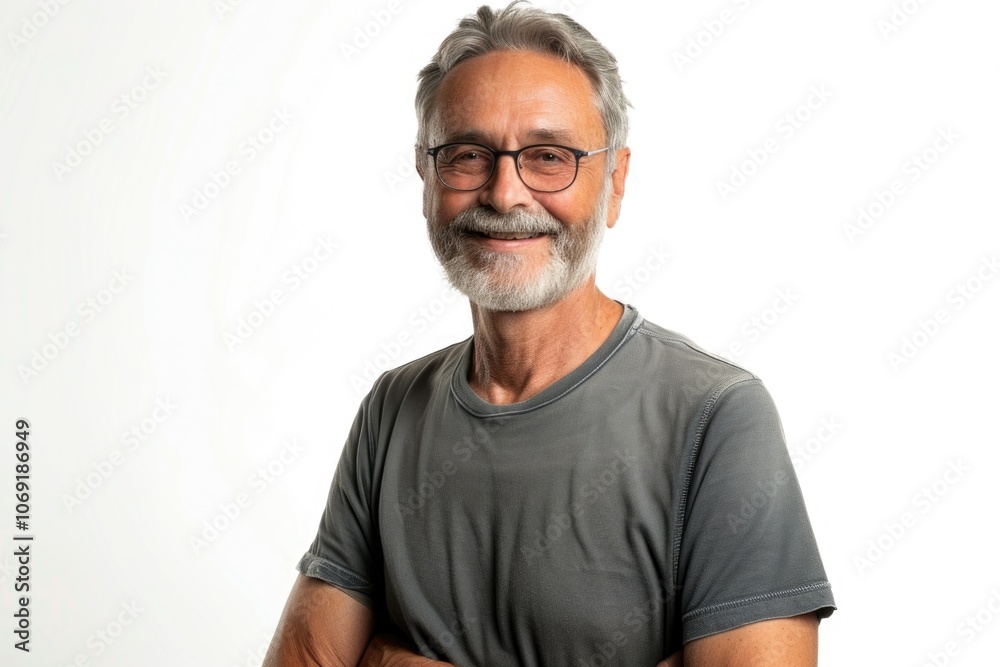 Obraz premium Portrait of smiling mature man standing on white background.