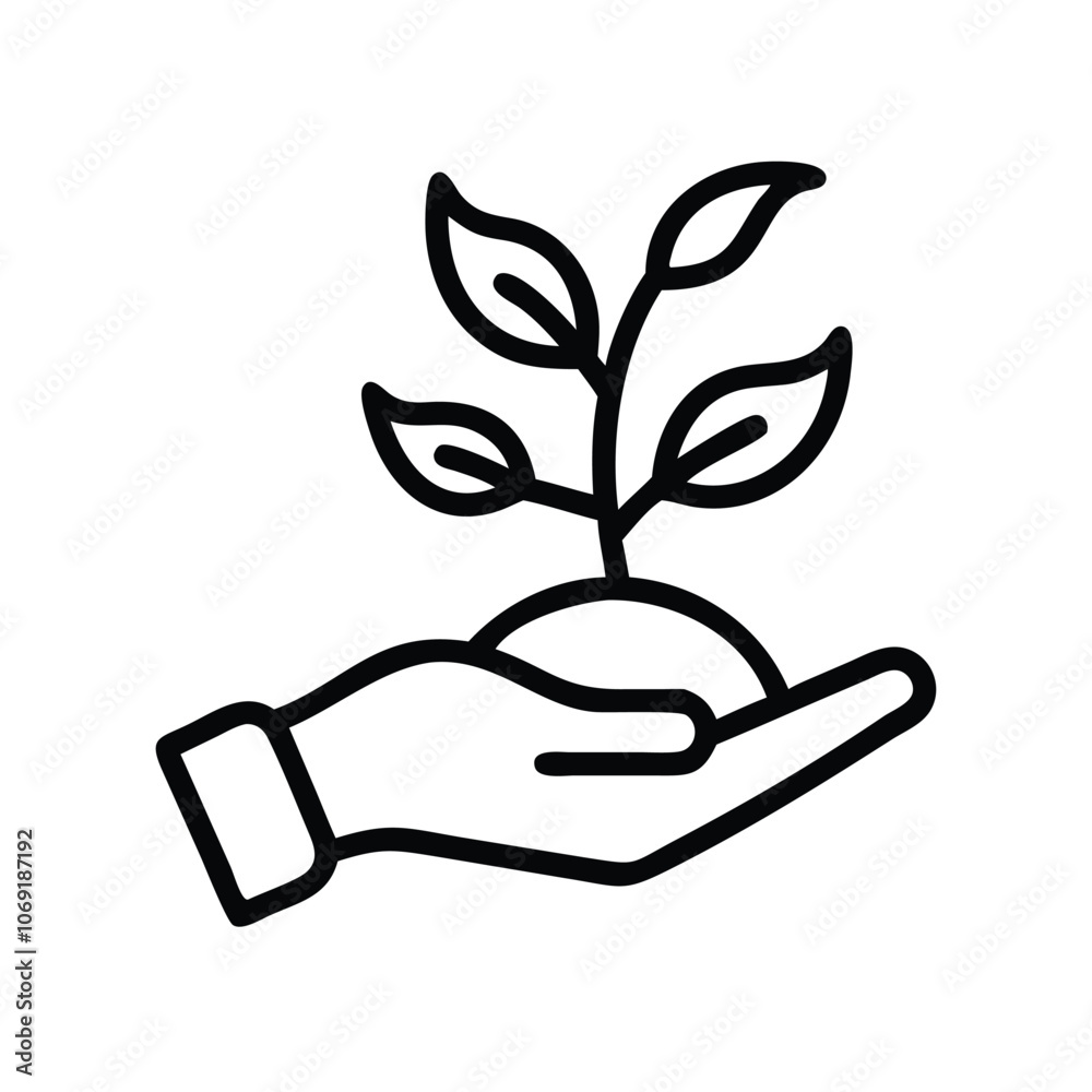 Outline Icon of Hand Holding Plant, Minimalist black outline icon of a hand holding a young plant, symbolizing growth, nurturing, and environmental responsibility, ideal for eco-friendly themes.
Outline Icon of Hand Holding Plant, Minimalist black outline icon of a hand holding a young plant, symbolizing growth, nurturing, and environmental responsibility, ideal for eco-friendly themes.
