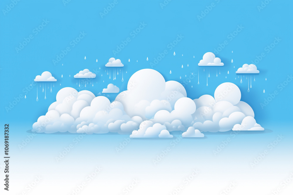 An abstract cartoon-style design featuring fluffy, cut-paper clouds releasing gentle rain. The background is a soft blend of pastel colors