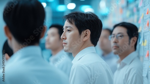 Focused businessman in white shirt at team meeting, looking towards board with sticky notes.