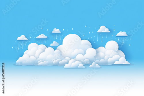 Obraz na płótnie An abstract cartoon-style design featuring fluffy, cut-paper clouds releasing gentle rain. The background is a soft blend of pastel colors w salonie