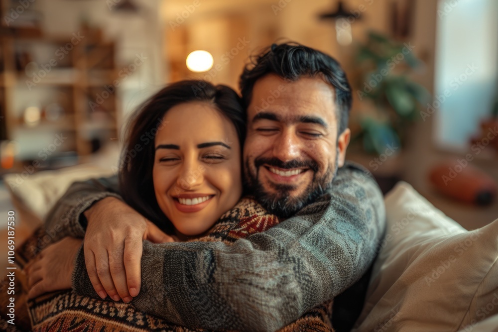 Ethnic couples enjoying time together on the couch.