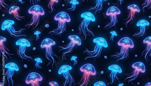 Pattern of bioluminescent jellyfish and underwater flora with ethereal glow