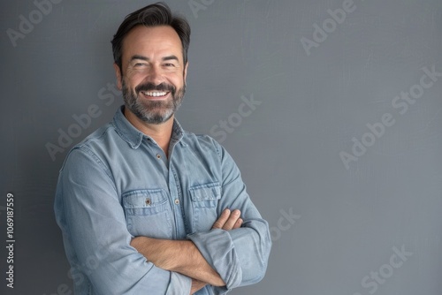 smiling man with crossed arms over gray background