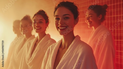 Multiracial Women Enjoying Relaxation in a Sauna Environment for Wellness and Self-Care. Generative ai