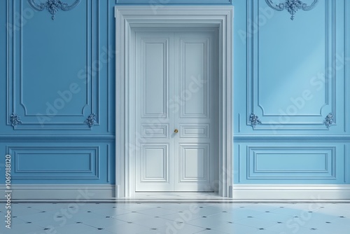 Classic French Interior Design: White Door and Blue Walls