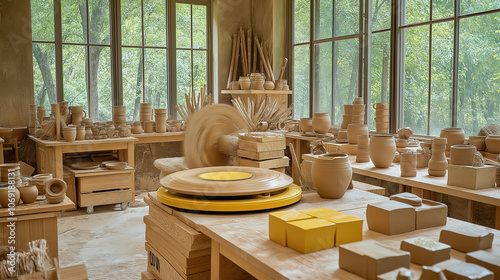 Rustic pottery studio with spinning wheel and handmade clay creations photo