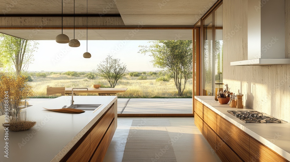 Fototapeta premium Modern Kitchen with Open-Concept Design and a View of a Grassy Field