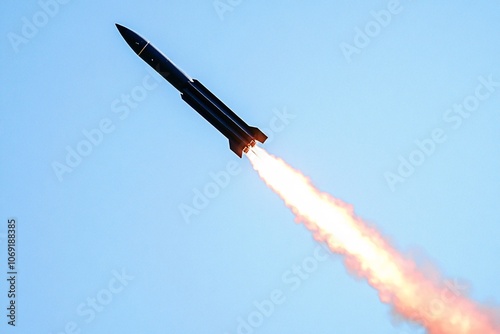 Rocket launch under clear blue sky with vibrant flames emanating from the engine during a test flight in an open area photo