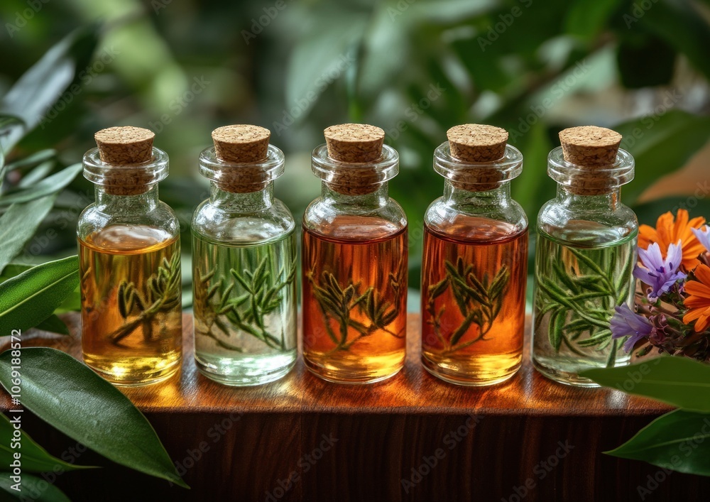 Various essential oil bottles sit on a wooden surface, showcasing a calming arrangement in a spa salon filled with plants Various essential oil bottles sit on a wooden surface, showcasing a calming arrangement in a spa salon filled with plants