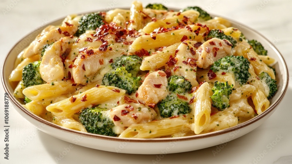 A delicious bowl of creamy chicken and broccoli penne pasta topped with spices A delicious bowl of creamy chicken and broccoli penne pasta topped with spices