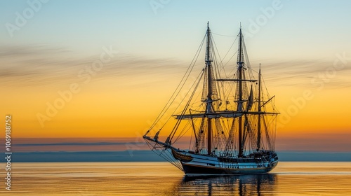 A peaceful sunrise as the first light of day illuminates a ship on the horizon.