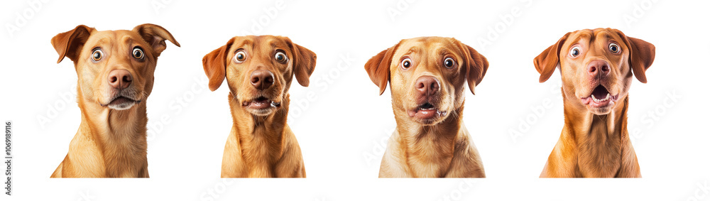 Various of range or golden funny face of surprised dog isolated PNG set