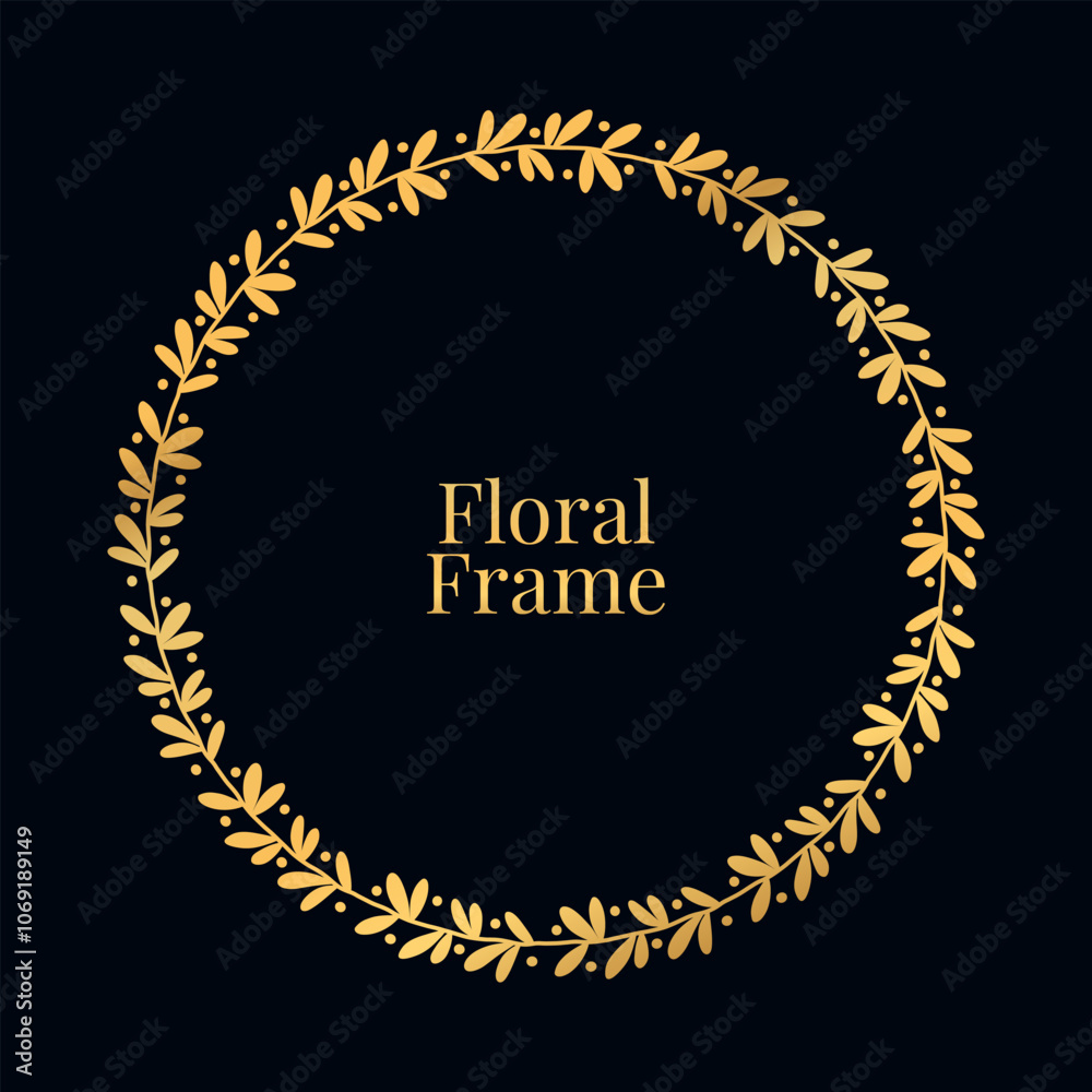 Hand drawn vector illustration. Floral round frame with leaves and dots. Gold frame for design.Minimalistic ornament from plants. Hand drawn vector illustration. Floral round frame with leaves and dots. Gold frame for design.Minimalistic ornament from plants.