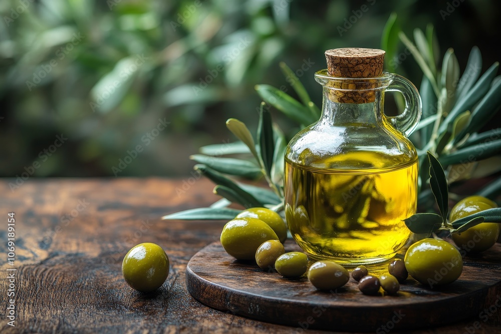 Fresh Olive Oil with Green Olives and Branch Fresh Olive Oil with Green Olives and Branch
