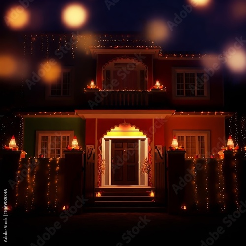 A house decorated with Diwali lights shows off the festive illumination at the entrance with bokeh effect against a blurred background during the evening celebration. photo