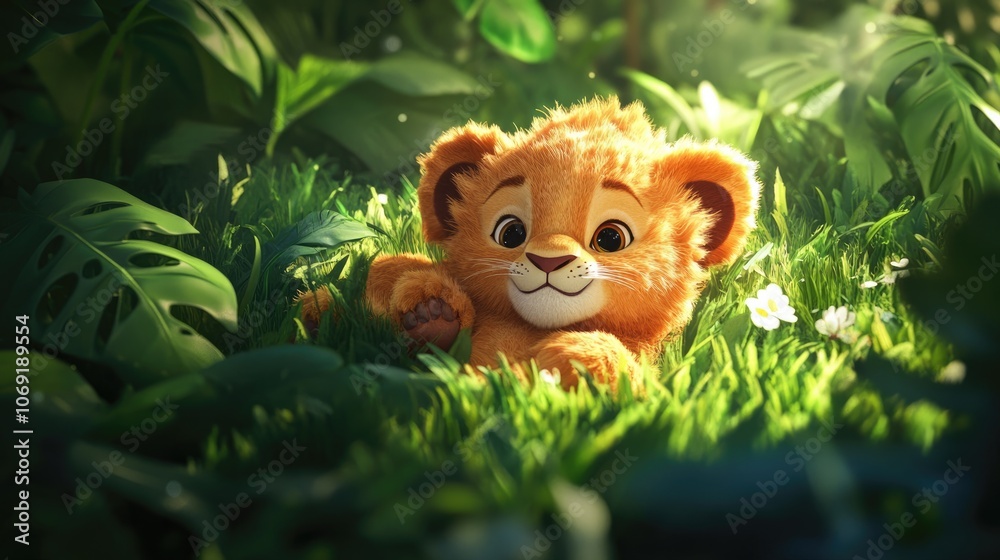 Close up of a lion cub nestled in lush green grass among its pride capturing the essence of family bonds in the wild Close up of a lion cub nestled in lush green grass among its pride capturing the essence of family bonds in the wild