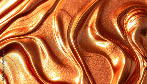 Liquid copper background with smooth, flowing textures and shiny metallic finish, creating warm and vibrant visual effect