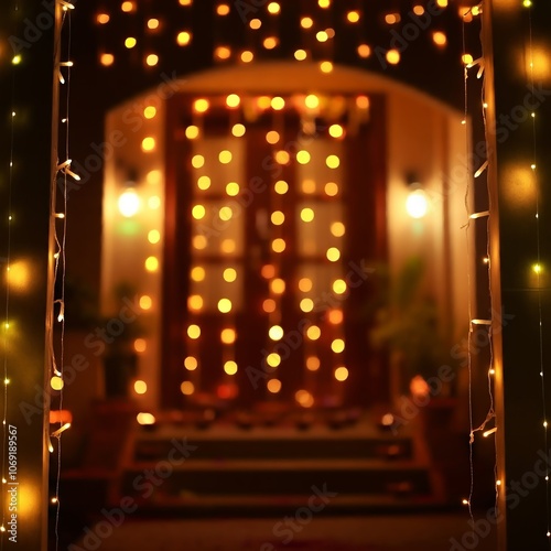 A house decorated with Diwali lights shows off the festive illumination at the entrance with bokeh effect against a blurred background during the evening celebration. photo