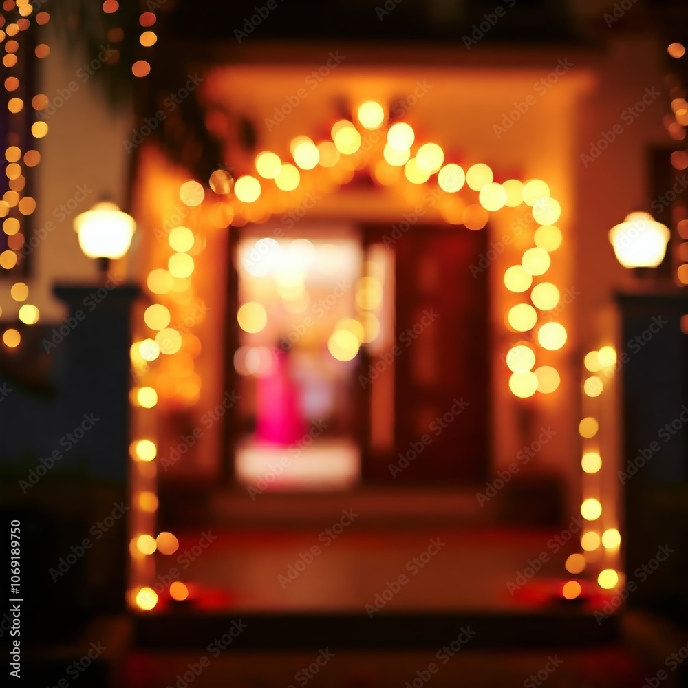 A house decorated with Diwali lights shows off the festive illumination at the entrance with bokeh effect against a blurred background during the evening celebration. A house decorated with Diwali lights shows off the festive illumination at the entrance with bokeh effect against a blurred background during the evening celebration.