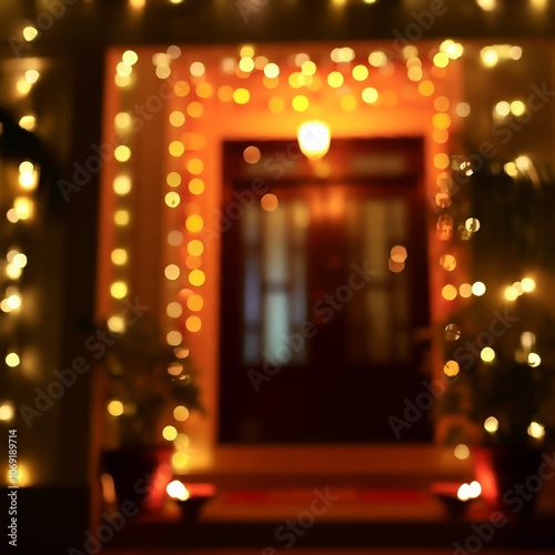 A house decorated with Diwali lights shows off the festive illumination at the entrance with bokeh effect against a blurred background during the evening celebration. photo