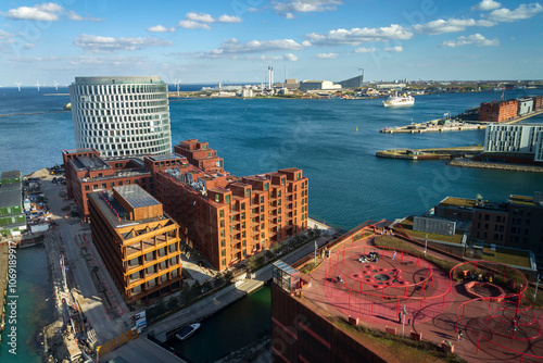 Konditaget Luders, Park and Play rooftop playground with outdoor gym on a car park above the harbour scenery of Copenhagen, Nordhavn, Denmark photo
