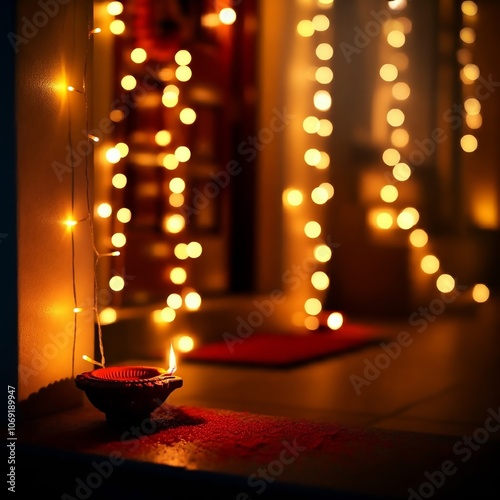 A house decorated with Diwali lights shows off the festive illumination at the entrance with bokeh effect against a blurred background during the evening celebration. photo